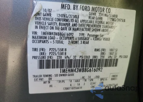 2008 Mercury Sable Premier from USA, damaged, VIN 1MEHM43W88G616092